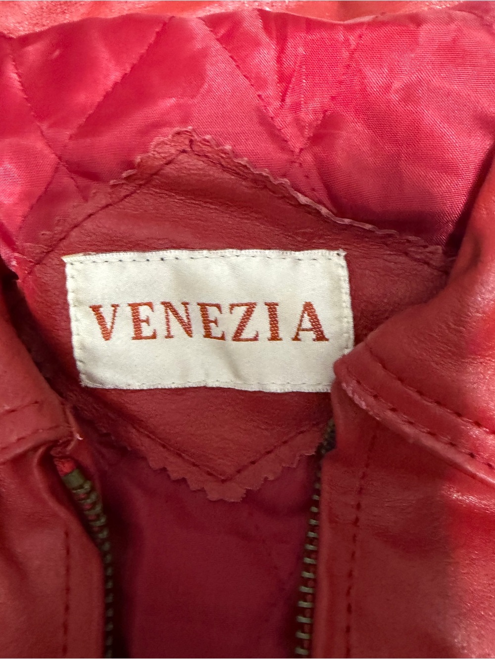 Vintage VENEZIA GENUINE Leather COLLARED Red Coat Fully Lined Insulated A8 - Picture 7 of 13